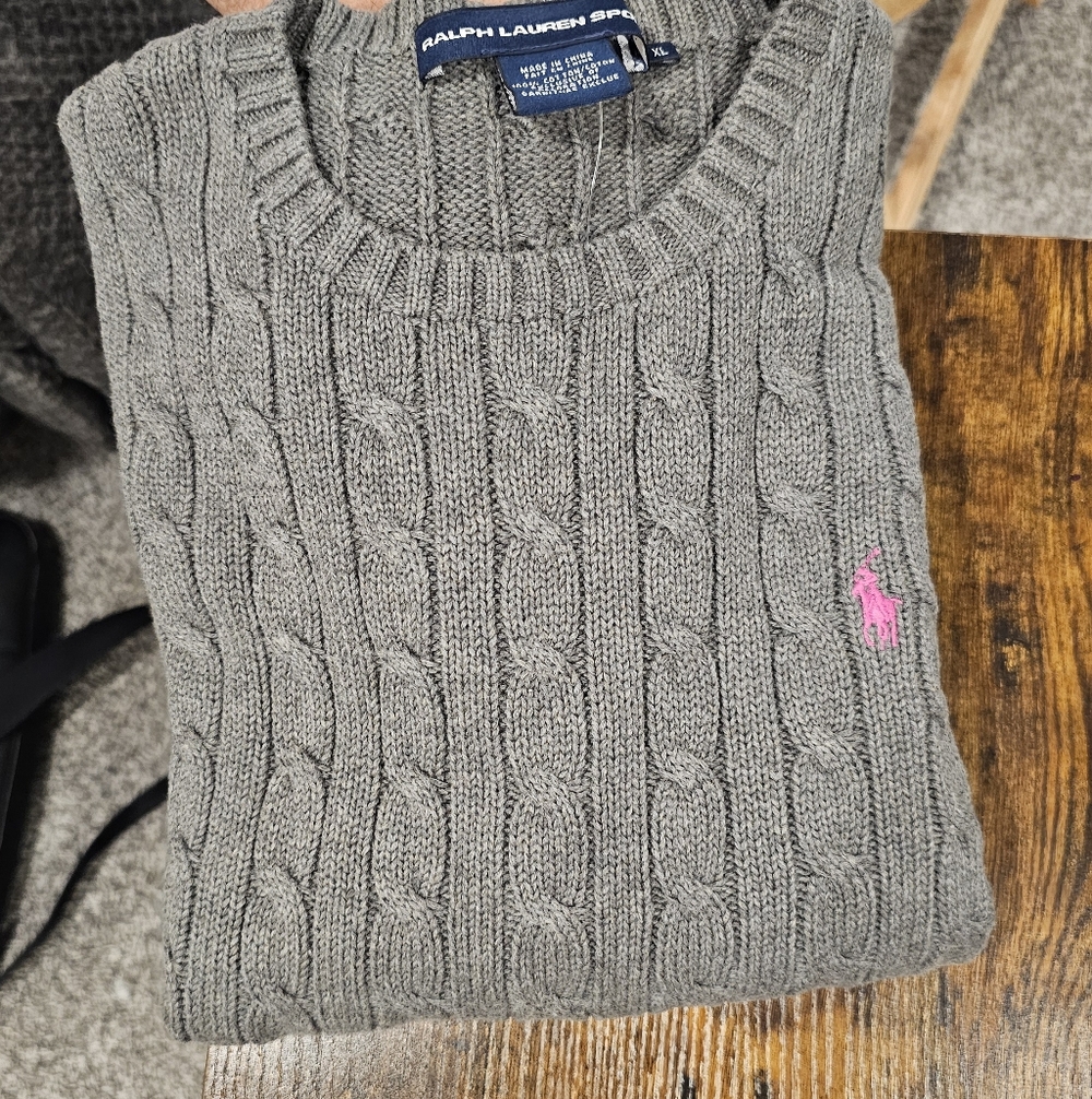NWT Ralph Lauren Sport Women's Gray Cable Knit Pullover with Pink Logo Size-XL - Picture 3 of 12